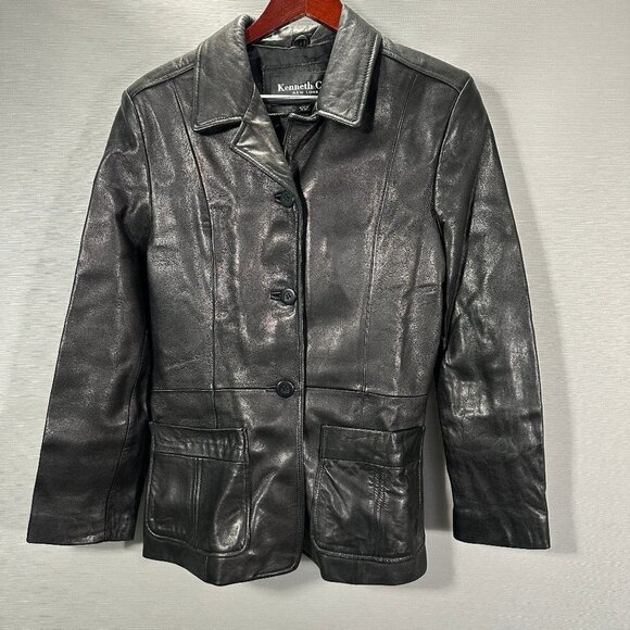 Kenneth Cole Jacket Womens Medium Black Leather Button Up Patch Pockets Lined - Picture 1 of 8